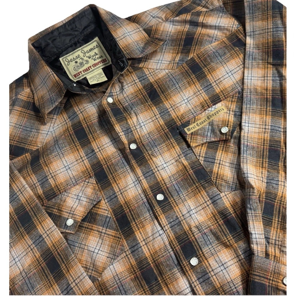 Jesse James West Coast Choppers Flannel Men XL Brown Black Plaid Quilted Lined